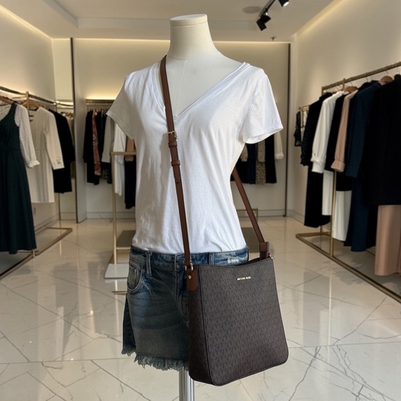 Michael Kors Brown MK Logo Crossbody Bag with Tan Leather Strap - Picture 13 of 14